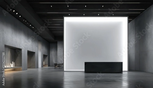 Fototapeta Empty art gallery space with a glowing white wall and black reception desk