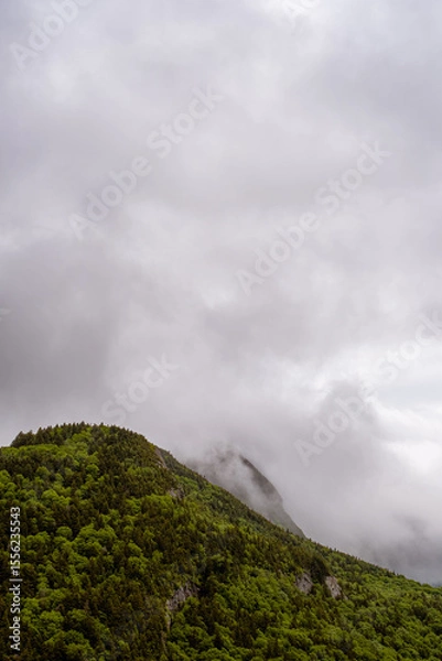 Fototapeta Looking towards Mount Lafayette from Artist's Bluff in the White Mountains of New Hampshire. The clouds are blowing over the tops of the mountains after a June rainstorm. Some of the peaks are hidden.