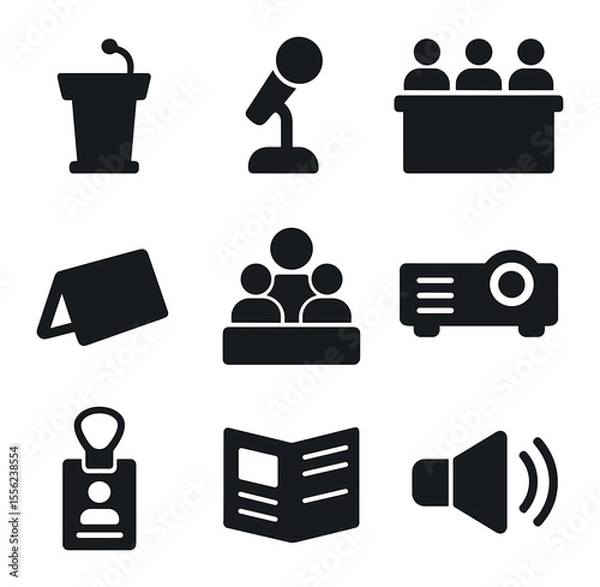 Fototapeta Conference Icon Set. Solid, filled icons set of business conference halls: stage podium, microphone, panel