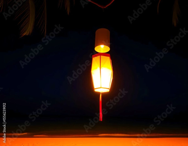 Fototapeta Glowing lantern hanging in the dark, casting a warm orange-red light in a minimal composition.
