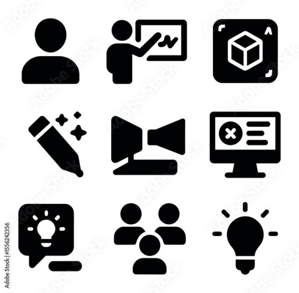 Fototapeta Immersive Classroom Icons. Solid, filled icons set of immersive classrooms: student icon, reactive board, AR