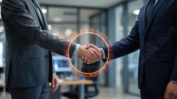 Fototapeta Strategic Partnership: A symbol of mutual agreement and understanding, two professionals seal a deal with a firm handshake. The image, illuminated by a warm, inviting glow.