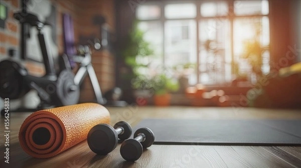 Fototapeta A blurred background of a home workout space with neatly arranged fitness gear, including yoga mats, dumbbells, and a stationary bike. The room has a cozy yet functional atmosphere