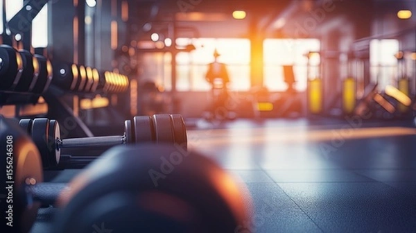 Fototapeta A blurred background image of a fitness room featuring different types of gym equipment, such as treadmills, dumbbells, and resistance machines. The foreground emphasizes an athlete lifting weights