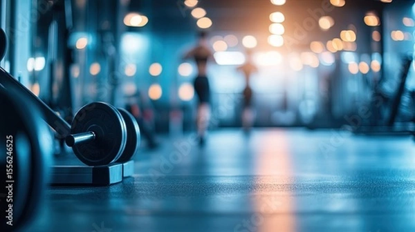 Fototapeta A blurred background image of a fitness room featuring different types of gym equipment, such as treadmills, dumbbells, and resistance machines. The foreground emphasizes an athlete lifting weights 