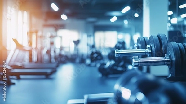 Fototapeta A blurred background image of a fitness room featuring different types of gym equipment, such as treadmills, dumbbells, and resistance machines. The foreground emphasizes an athlete lifting weights 