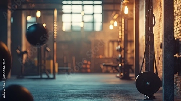 Fototapeta A blurred background featuring a raw, industrial-style gym with exposed brick walls, heavy-duty workout equipment, and a rugged atmosphere. The space is filled with fitness enthusiasts performing