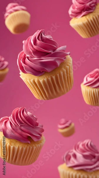 Fototapeta Vibrant pink frosted cupcakes with swirled icing and golden wrappers floating against a solid pink background for baking desserts and sweet treats concept