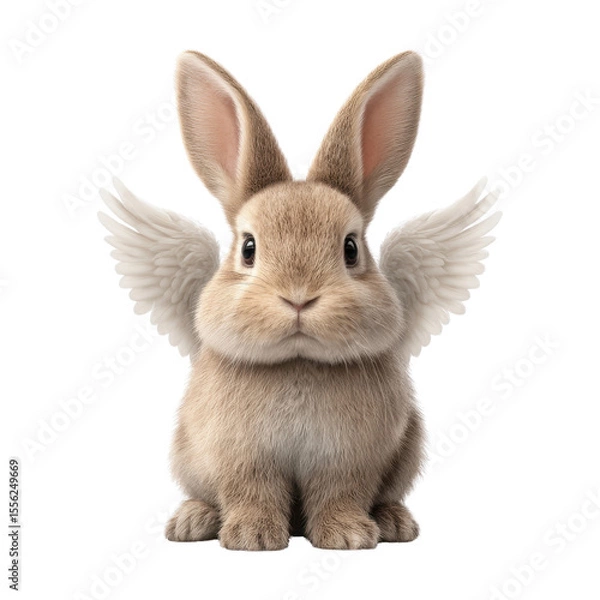 Fototapeta Cute bunny with angelic wings sitting on the ground in a whimsical and magical setting with a soft background Transparent background or png
