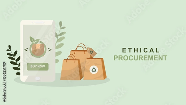 Fototapeta Ethical procurement mobile shopping concept with sustainable packaging and recyclable bags. Responsible e-commerce and environmental business practices ideal for corporate ethics presentation. Vector
