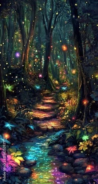 Fototapeta A fantasy forest with glowing plants and animals, creating an otherworldly atmosphere. The scene features dark trees with bioluminescent leaves.