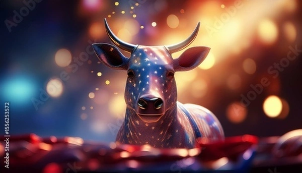 Obraz Generated image Colorful patriotic cow with lights and stars
