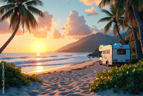 Fototapeta Romantic view of sandy beach with palm trees and parked motorhome in tropics at sunset.