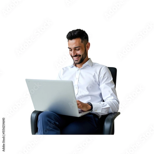 Fototapeta Happy Businessman Working on Laptop, Smiling and Confident