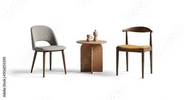 Fototapeta Arrangement of Chairs and Small Table on White Background