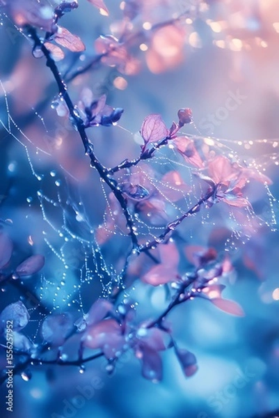 Fototapeta A delicate spider web covered in dewdrops stands out distinctly against the blue backdrop of twilight.
