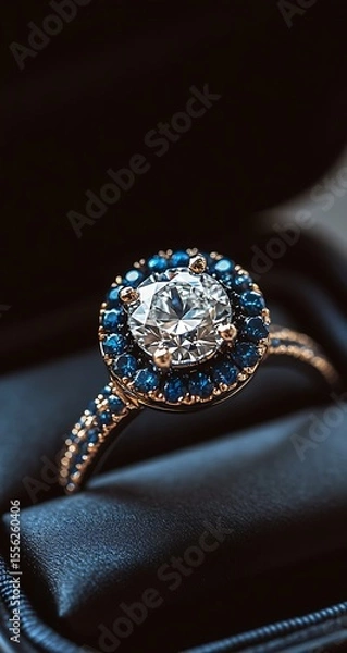 Fototapeta A diamond ring in an open denim box, macro photography
