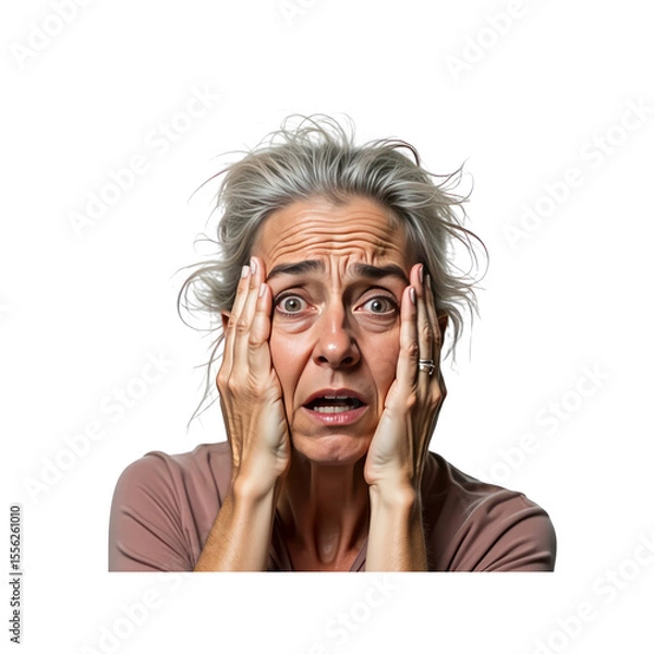 Fototapeta Stressed Mature Woman with Hands on Face Showing Anxiety and Worry