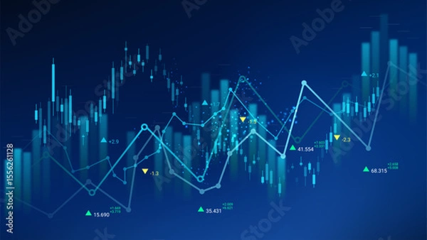 Fototapeta Visualization of financial data displaying fluctuating stock prices and trading volumes over time. The charts use vibrant colors to highlight trends, indicators, and metrics.