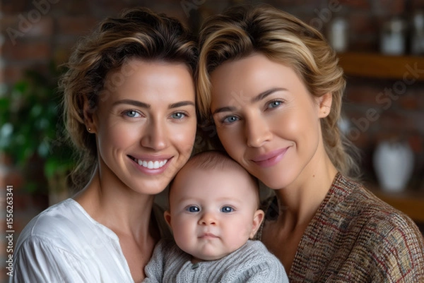 Fototapeta Family portrait of three: A loving family captured, featuring a child with two mothers, embracing the warmth of togetherness and familial love. 
