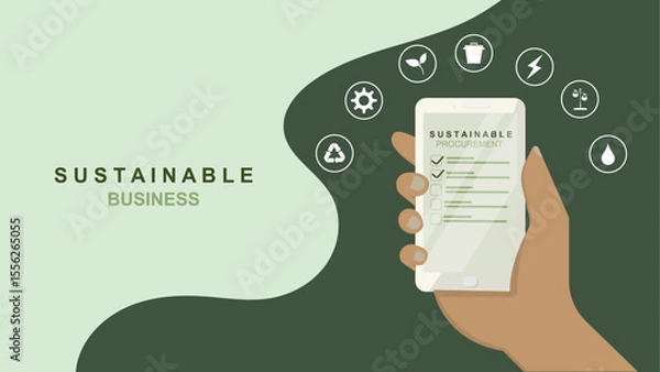 Fototapeta Sustainable business mobile procurement checklist with environmental icons and hand holding smartphone. Green business assessment and corporate responsibility. ESG concept. Vector illustration