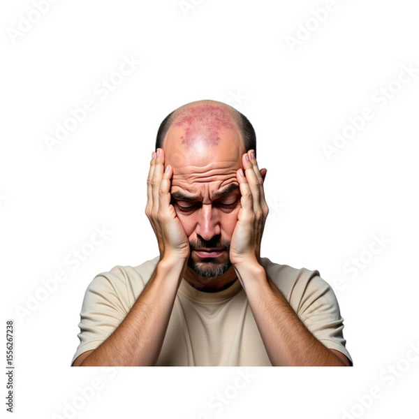 Fototapeta Bald Man with Head in Hands, Showing Stress and Anxiety