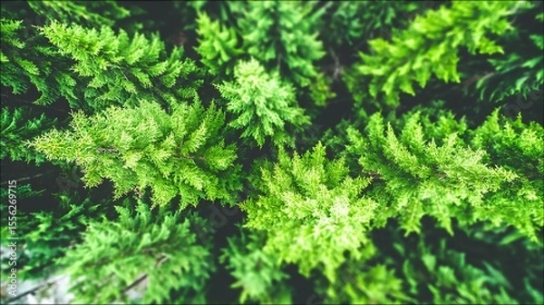 Fototapeta Overhead view vibrant green evergreen branches