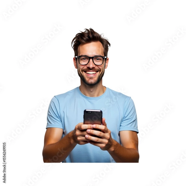 Fototapeta Happy Young Man Using Smartphone, Smiling at Camera