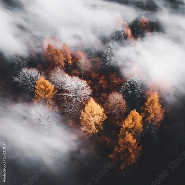 Fototapeta Autumn trees enveloped by mist aerial view