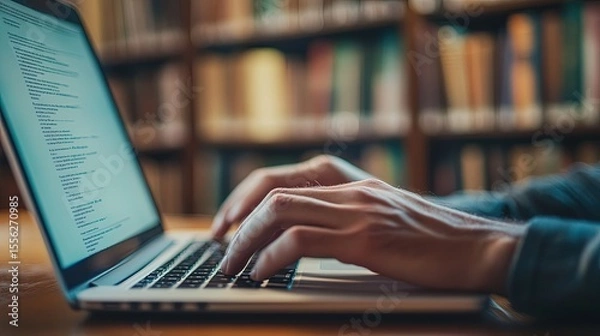 Fototapeta Close-up of hands typing an essay on a laptop in a quiet library setting. 