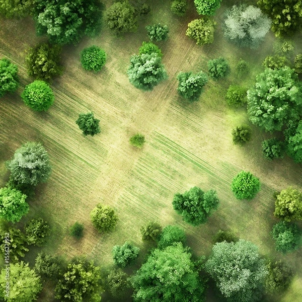Fototapeta Aerial view of grove and field