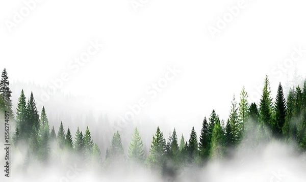Fototapeta Evergreen trees peeking through the fog