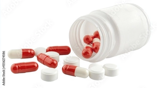 Obraz The image displays an open white pill bottle spilling red and white capsules and pills against a stark white background, symbolizing pharmaceuticals and healthcare.