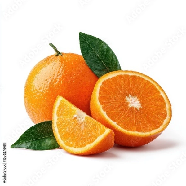 Fototapeta Oranges, leaves, and slices arranged together on a white background with soft lighting