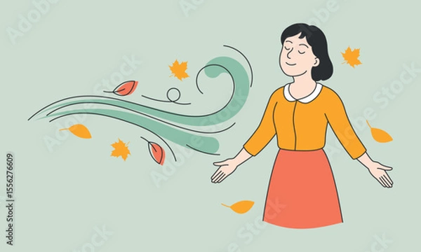 Fototapeta A dreamy young woman standing in the autumn wind with falling leaves swirling around her. Minimalistic flat linear illustration with warm soft tones. A calm, peaceful, and thoughtful atmosphere.