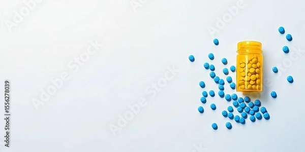 Obraz Blue and yellow pills spill from a medicine bottle against a clean white background, suggesting pharmaceuticals for medical treatment featuring capsules elements creating an impressive visual impact.