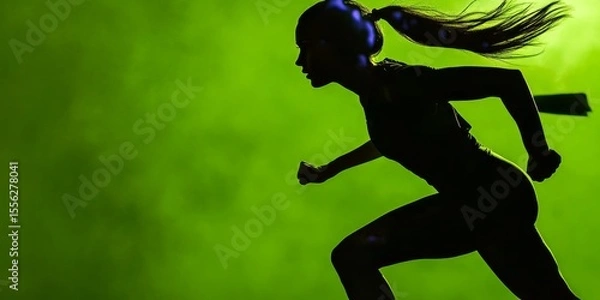 Obraz Athletic woman runs powerfully in an action shot, set against a vibrant green screen with studio lighting enhancing movement.