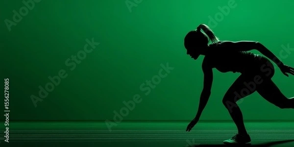 Obraz Athletic woman runs powerfully in an action shot, set against a vibrant green screen with studio lighting enhancing movement featuring speed elements creating an impressive visual impact.