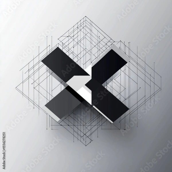 Obraz The black and white abstract artwork displays a structured yet fluid arrangement of geometric shapes and grid lines, blending modern art elements with digital illustration techniques.