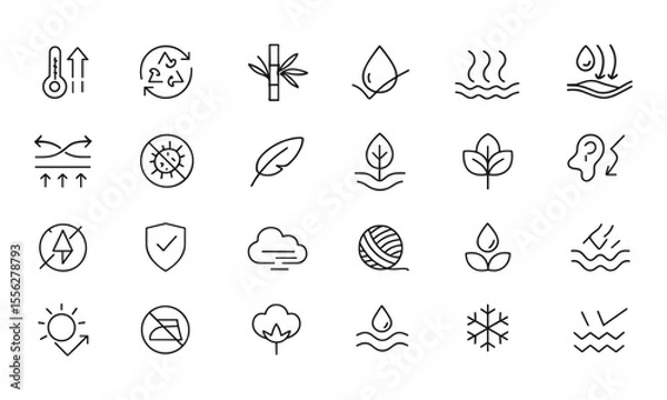 Fototapeta Fabric Features line editable icon set, textile thermo membrane, recycled bamboo, antibacterial, waterproof, breathable, silk, wool, synthetic, biodegradable, insulated, soft, resistant,