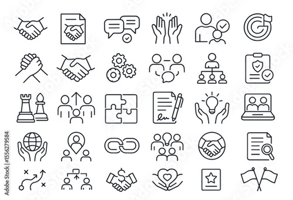 Fototapeta Partnership Line Editable Icons Set. Vector illustration of agreement, teamwork, handshake, collaboration, business partner, communication, contract, thin line, infographic, png, career.