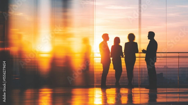 Fototapeta Silhouetted business team stands looking out large office at sunset, discussing strategic plans and future growth in a modern setting with reflections.
