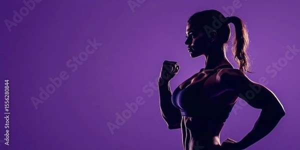 Obraz Profile view of an athletic female model under neon glow and high contrast highlights her muscular physique and active lifestyle elements.