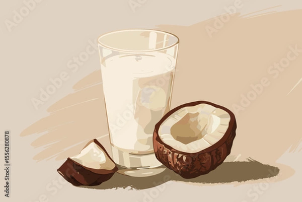 Obraz Vector illustration of coconut milk in a glass, split coconut  on beige backdrop