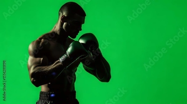 Obraz The male boxer in glowing stance against green background, exemplifies athleticism and sportsmanship in a dynamic action shot.