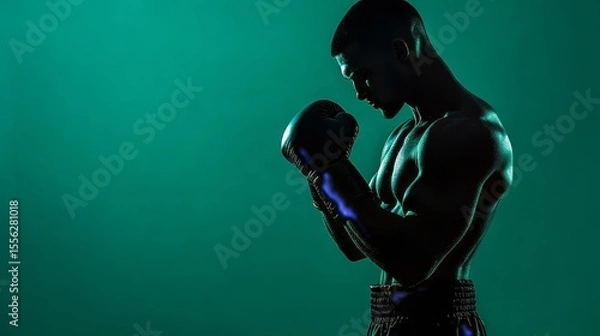 Obraz The boxer's silhouette with glowing blue gloves stands out against the green backdrop, showcasing strength and resilience through action shot focus.