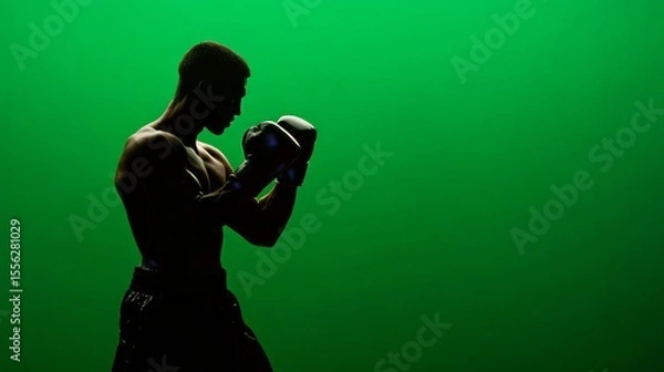 Obraz The male figure with glowing boxing gloves, captured against vibrant green backdrop, embodies fitness and sports spirit through powerful movement elements.