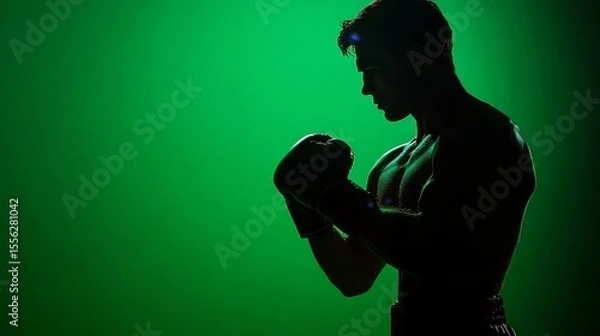 Obraz A male figure in a dynamic boxing pose against a vibrant green background, showcasing intense physical activity and strength with dramatic lighting highlighting the silhouette.