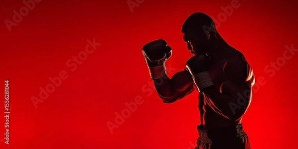 Obraz A powerful boxer in a dynamic stance, gloves gleaming under dramatic lighting, capturing the intensity and vibrancy of combat.