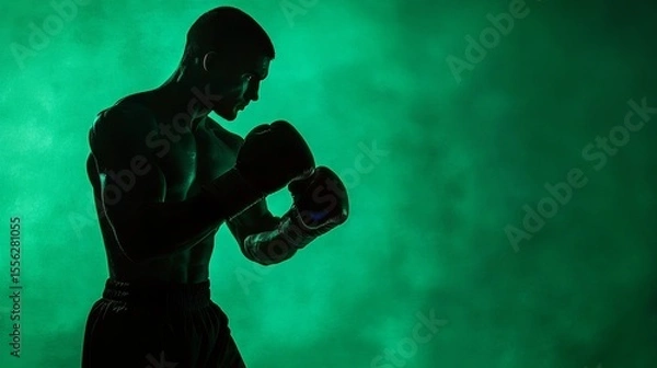 Obraz The male athlete in dramatic boxing pose, against striking green background, captures the energy of physical activity through high contrast and glowing gloves.